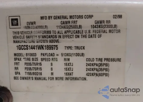 1998 Chevrolet S-10 Fleetside from USA, damaged, VIN 1GCCS1441WK189975